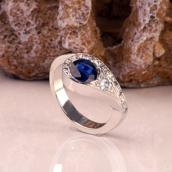 Saphir Brillant Ring Handarbeit 585er Weißgold 0,25 Ct Diamanten GR 58 (122)