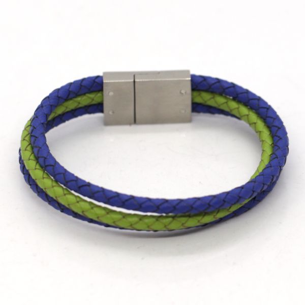 Lederarmband blau/grün geflochten Edelstahl Magnetschließe 20 cm NEU