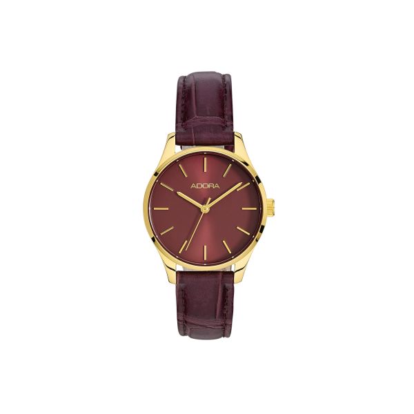 Adora Damen Armbanduhr AT5617 Edelstahl IP Gold Bordeaux Lederband NEU