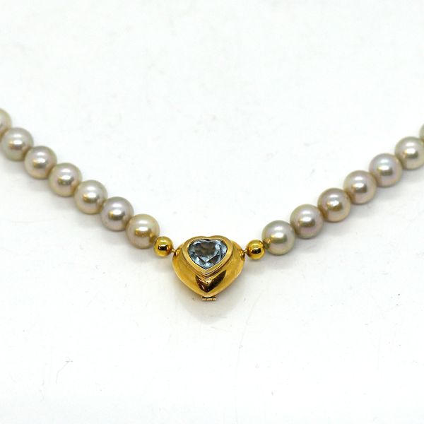 Perlenkette grau mit Herz Aquamarine Schließe 585er Gold Goldschmiedearbeit (23202)