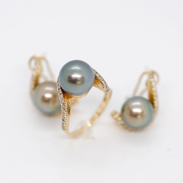 Schmuckset Ring und Ohrstecker 585er Gold mit Tahiti Perle und Diamanten (38157)