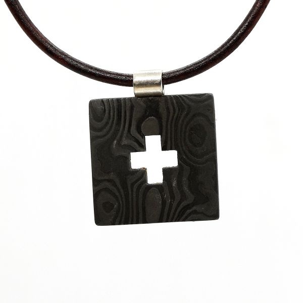 Anhänger Edelstahl Damaszener Stahl roh Leder Collier 55 cm (22019)