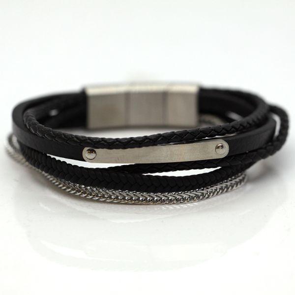 Armband 5-Reihig Leder Edelstahl Gravurplatte Magnetschließe 21 cm NEU