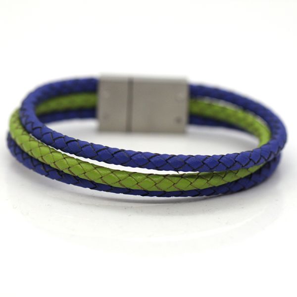 Lederarmband blau/grün geflochten Edelstahl Magnetschließe 20 cm NEU