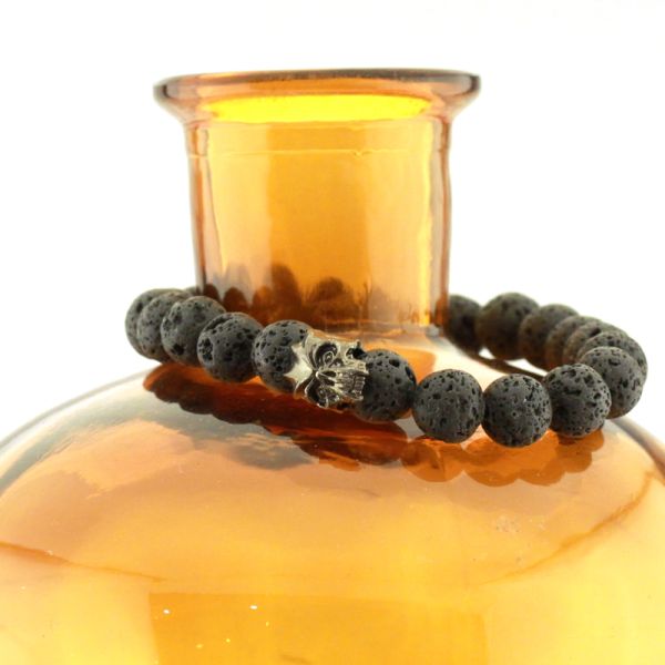 Lavastein Gummizug Armband "EVILSKULL" Silber oxidiert schwarz Lavsteinkugeln 210 mm by JJJ LA