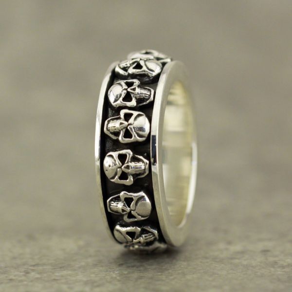 JJJ LA Ring Drehring "SPINNING SKULLS" 925er Silber GR 56