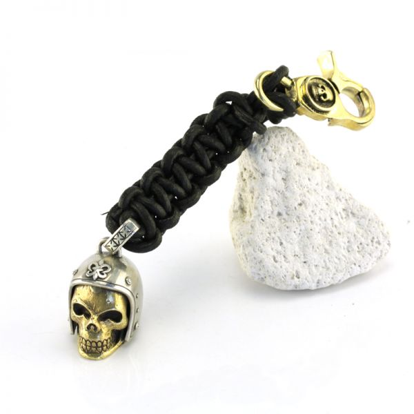 Schlüsselanhänger "Biker Skull Gold" 925er Silber schwarzes Kalbsleder Bronze vergoldet