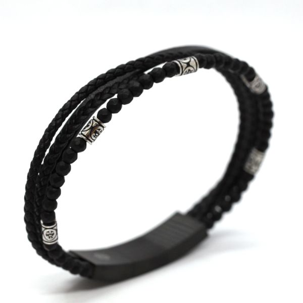 Arrmband Herren Leder Hämatinkugeln schwarz Edelstahl Magnetschließe PVD black 21+1 cm ES90025680 NE