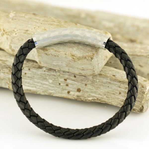 Armband Herren Leder Edelstahl schwarz/Silber 21 cm ST9-117B