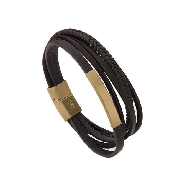 Armband Leder Edelstahl IP Gold Gravurplatte 5-Reihig ST9-182B 21 cm NEU