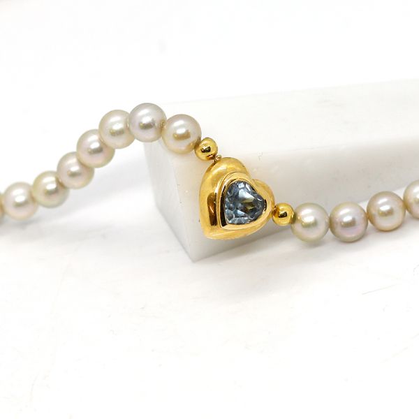 Perlenkette grau mit Herz Aquamarine Schließe 585er Gold Goldschmiedearbeit (23202)