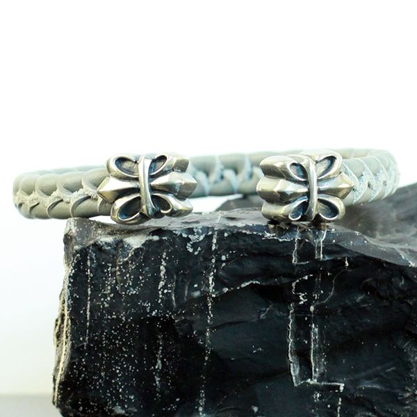 JJJ LA Armspange "FLEUR DE LYS" graues Leder 925er Silber Medium