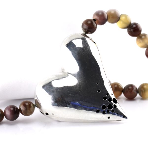 Jaspis Collier mit großen Silberherz Goldschmiedekunst 925er Silber Handarbeit