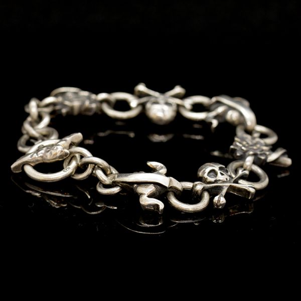 Armband Gliederarmband "SKULL / HEART / ROSES" 925er Silber 190 mm NEU