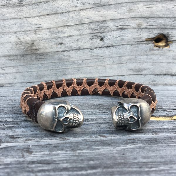JJJ LA Armspange "SKULL" braunes Leder 925er Silber