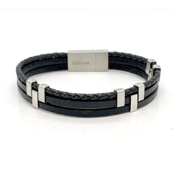 Armband 3-Reihig Leder schwarz Edelstahl Harkenverschluß 21 cm NEU