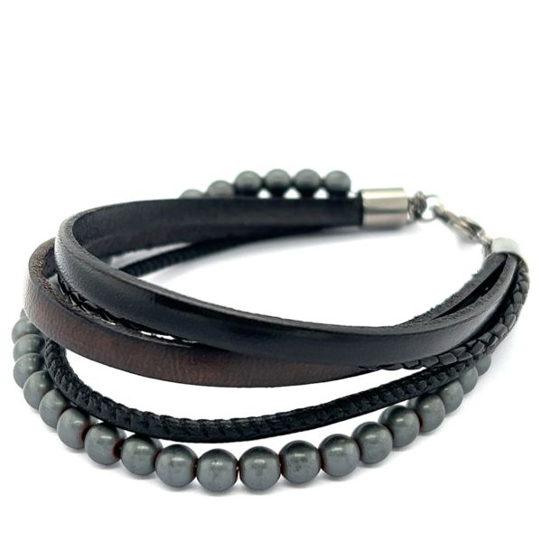 Herrenarmband Lederarmband Hämatitkugeln Edelstahl 21 + 2 cm ST-00246B NEU