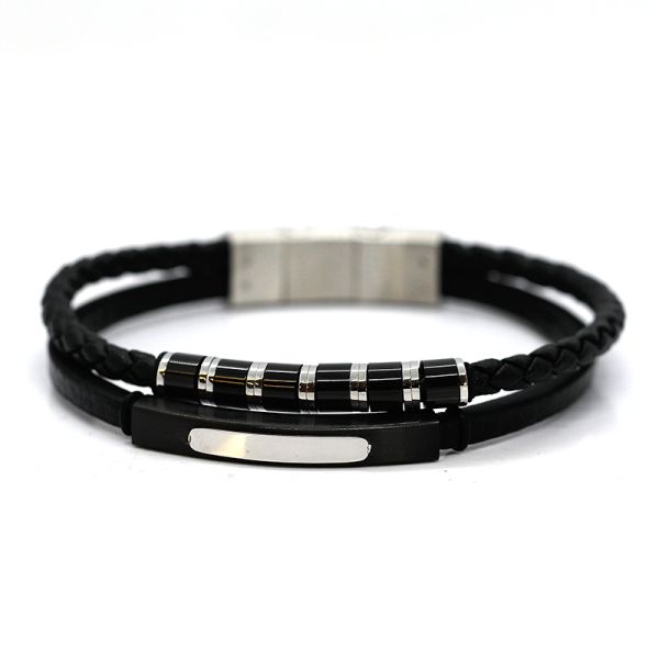 Lederarmband Edelstahl Schließe Gravurplatte Ceramic Leder schwarz 2-Reihig 20 cm + 1 cm NEU