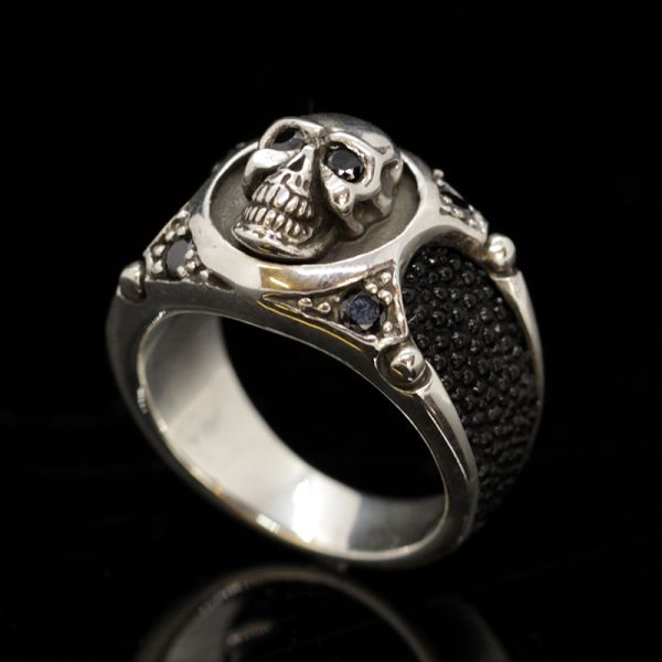 Ring "SKULL RAY" 925er Silber Rochenleder Onyx Totenkopf by JJJ LA GR 70 NEU