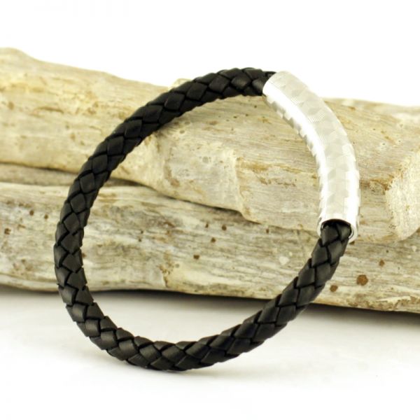 Armband Herren Leder Edelstahl schwarz/Silber 21 cm ST9-117B