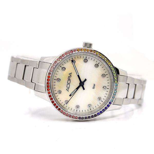 Adora Damen Armbanduhr Edelstahl Rainbow Lünette 5 Bar AT5605 NEU