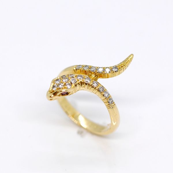 Schlangen Ring 750er Gold mit Diamanten und Rubin (31442)