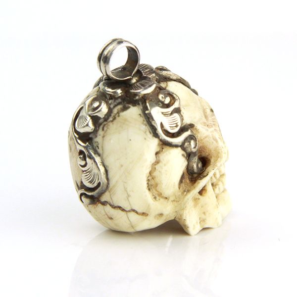 SKULL Anhänger Handgefertigt aus echtem Knochen & 925er Silber Herren NEU