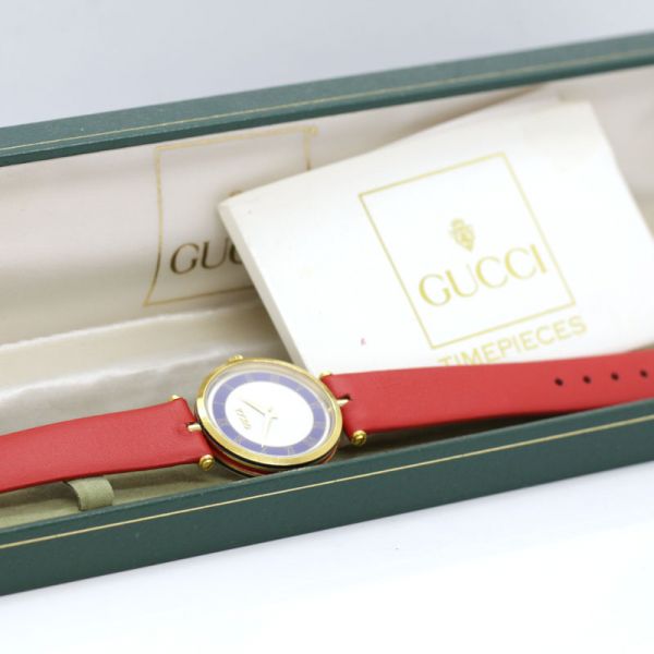 GUCCI Damen Armbanduhr Quarz IP Gold emailliert Blau Rot (11371)