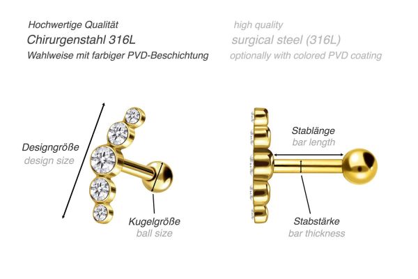 Ohrpiercing 5 Kristalle Chirurgenstahl 316L 5 x14,5 mm SO437 NEU