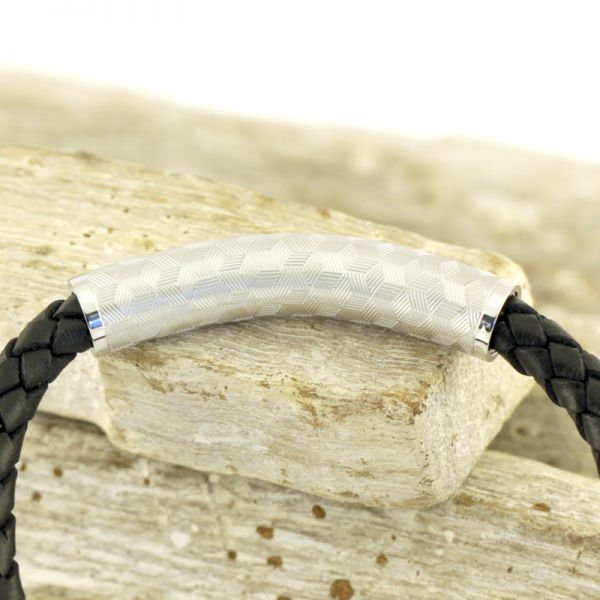 Armband Herren Leder Edelstahl schwarz/Silber 21 cm ST9-117B