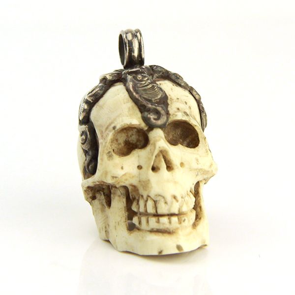 SKULL Anhänger Handgefertigt aus echtem Knochen & 925er Silber Herren NEU