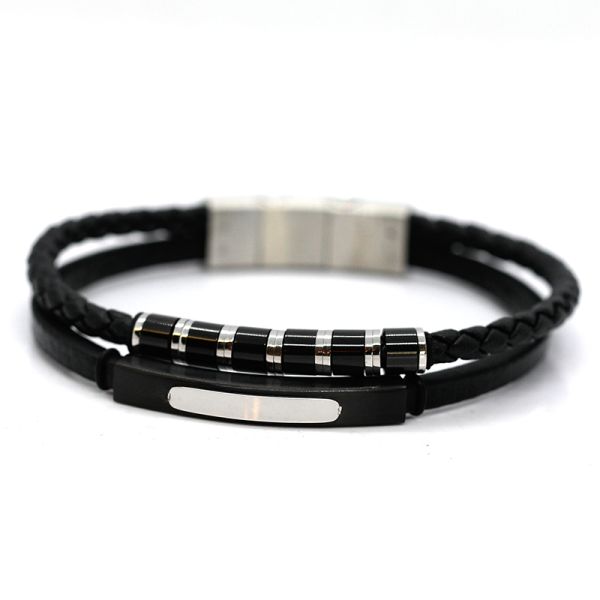 Lederarmband Edelstahl Schließe Gravurplatte Ceramic Leder schwarz 2-Reihig 20 cm + 1 cm NEU