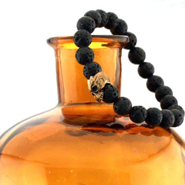 Lavastein Gummizug Armband "EVILSKULL" Bronze Lavsteinkugeln 180 mm by JJJ LA