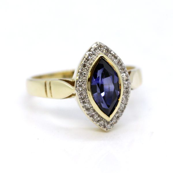 Saphir Ring 585er Gold Navette Schliff mit Diamanten GR 66 (13206)