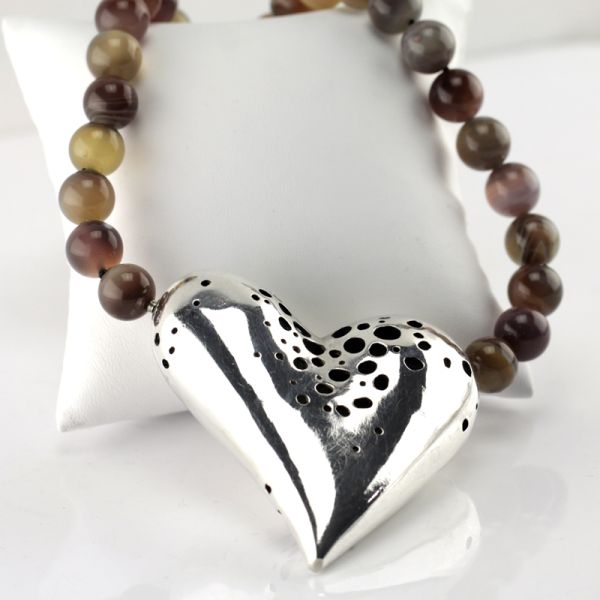 Jaspis Collier mit großen Silberherz Goldschmiedekunst 925er Silber Handarbeit