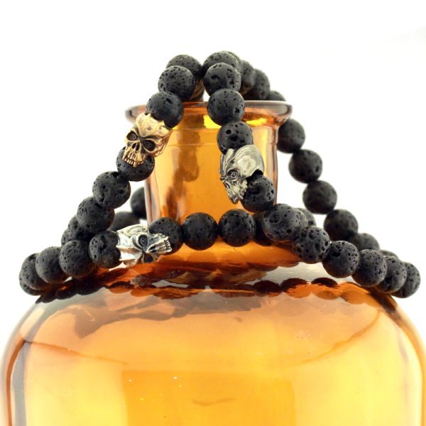 Lavastein Gummizug Armband "EVILSKULL" Silber oxidiert schwarz Lavsteinkugeln 210 mm by JJJ LA