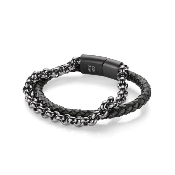 Armband Herren Leder schwarz Edelstahl IP Gun Magnetschließe 20-21,5 cm ST-00217B NEU