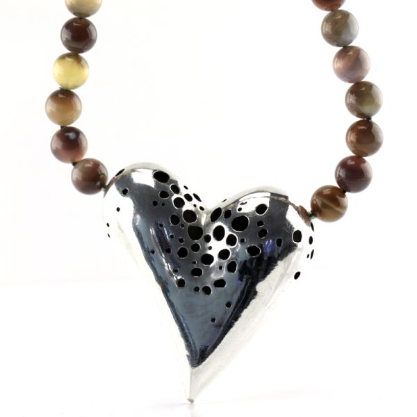 Jaspis Collier mit großen Silberherz Goldschmiedekunst 925er Silber Handarbeit