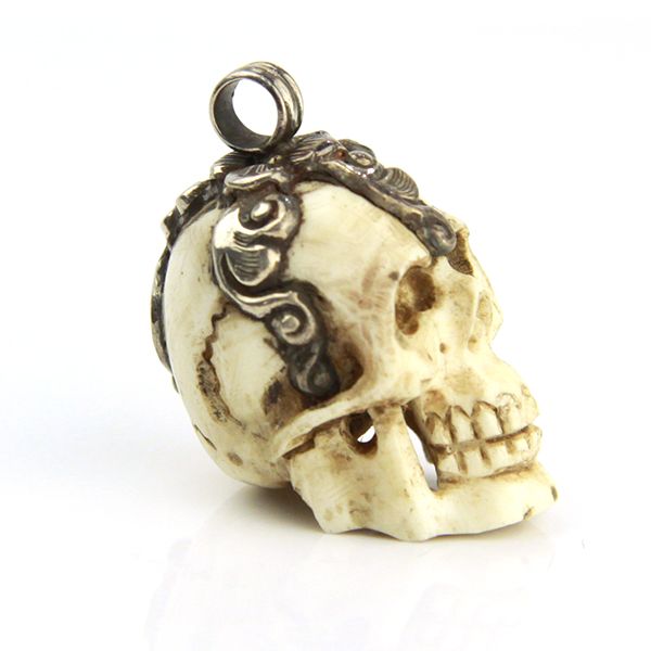 SKULL Anhänger Handgefertigt aus echtem Knochen & 925er Silber Herren NEU