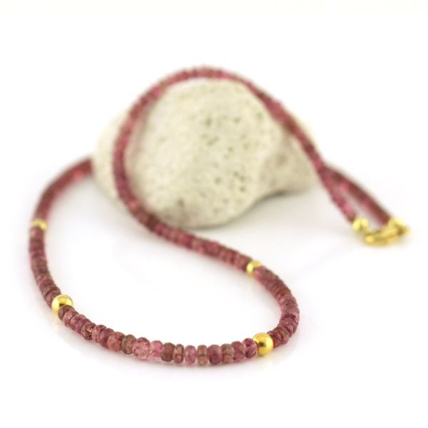 Rubellit Turmalin Kette facettiert 585er Gelbgold Elemente + Karabiner Verschluß 45 cm