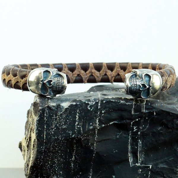 JJJ LA Armspange "SKULL" braunes Leder 925er Silber