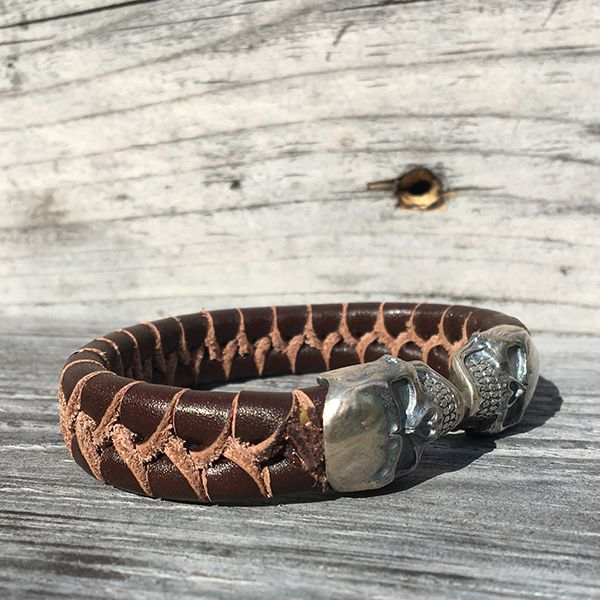 JJJ LA Leder Armspange "SKULL" kombiniert mit 925er Silber 190 mm braun