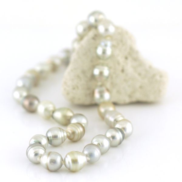 Thaiti-Zuchtperl-Collier Barock Silber/Grau/Grün 585er Gelbgold Verschluß 45 cm