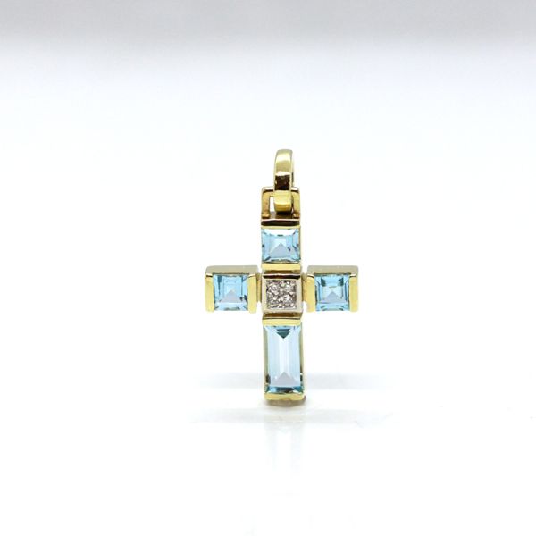Kreuzanhänger mit Blautopas und Diamanten 585er Gelbgold (12812)