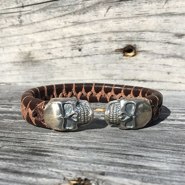 JJJ LA Leder Armspange "SKULL" kombiniert mit 925er Silber 190 mm braun