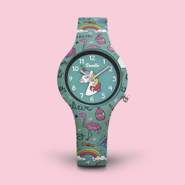 Doodle Kinder Armbanduhr "EINHORN FLAMINGOS" DO32005 Ø 32 mm NEU