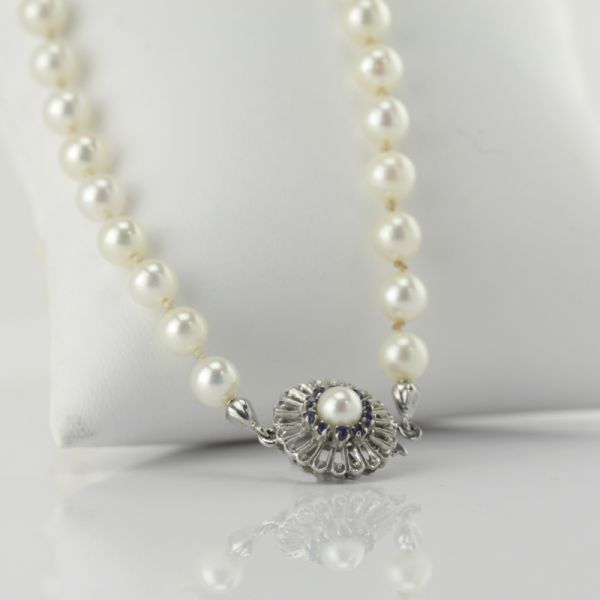 Perlenkette Akoya 750er Weißgold Saphir Schließe Perl-Ø 6,5 mm (8738)