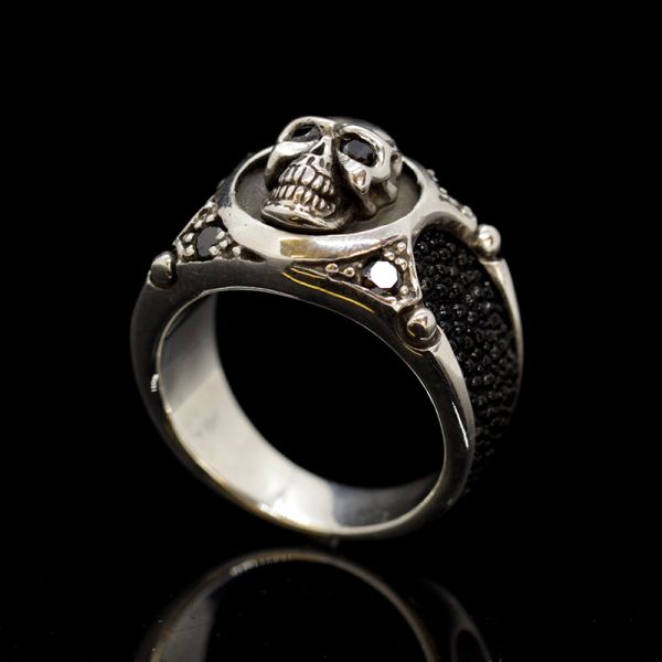 Ring "SKULL RAY" 925er Silber Rochenleder Onyx Totenkopf by JJJ LA GR 72 NEU