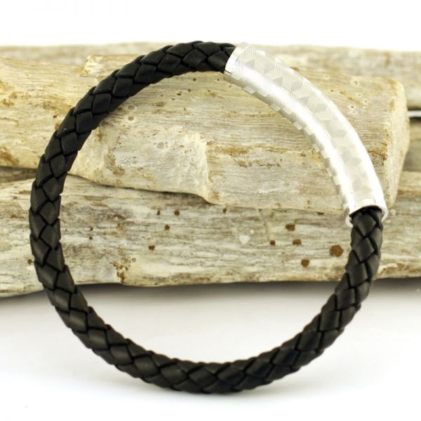 Armband Herren Leder Edelstahl schwarz/Silber 21 cm ST9-117B