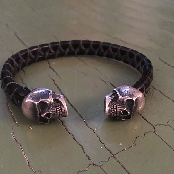 JJJ LA Armspange Schädel schwarzes Leder 925er Silber